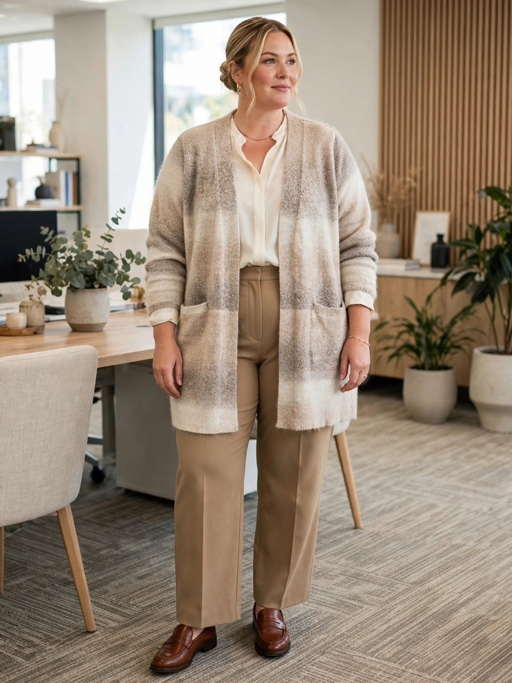 Maurice's Cream Taupe Ombre Striped Open-Front Cardigan | Size XXL